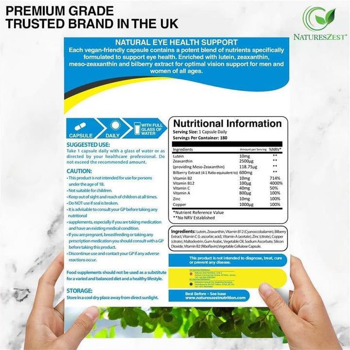 Macu XL - Lutein and Zeaxanthin Supplement - 6 Month Supply with Meso Zeaxanthin, Bilberry Extract, Vitamins A, B12 & Zinc, 180 Vegan Capsules - Eye Supplement for Vision Health – Eye Vitamins