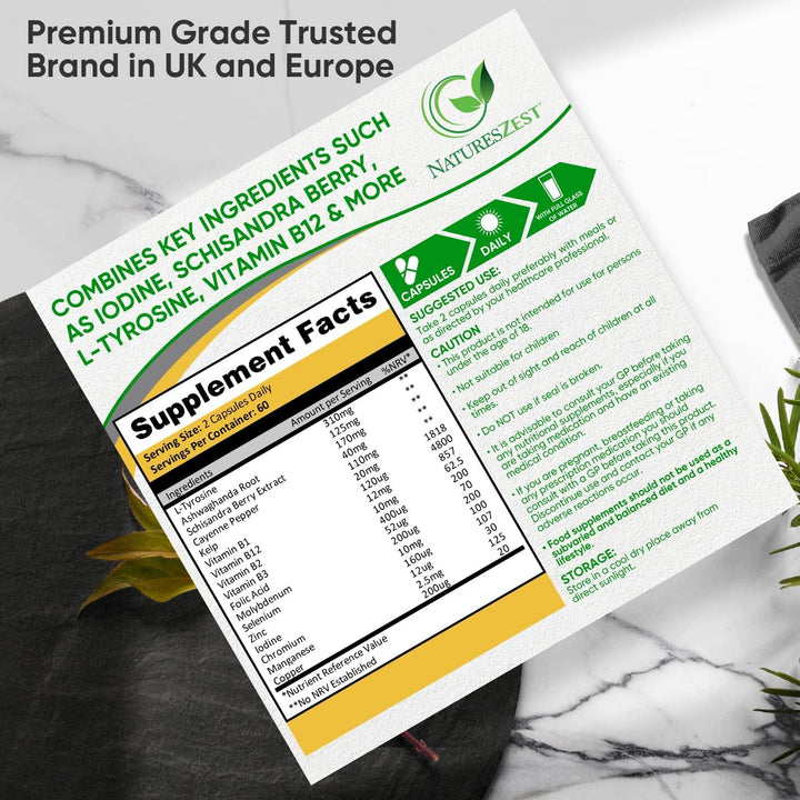 Thyromax - Thyroid Support Supplement - 120 Vegan Capsules - 17 Active Ingredients Including Iodine, L-Tyrosine, Ashwagandha, B12 and Zinc - Energy & Focus Formula -UK Made, 2 Month'S Supply