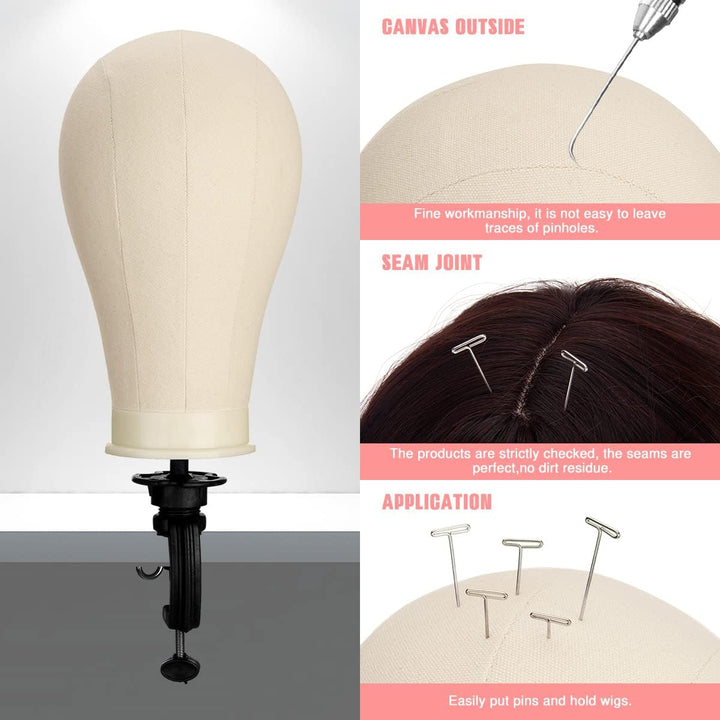 23 Inch Canvas Mannequin Head Block for Wig Making & Display, Tripod Stand with Wig Caps, T & C Pins Set, Bristle Brush