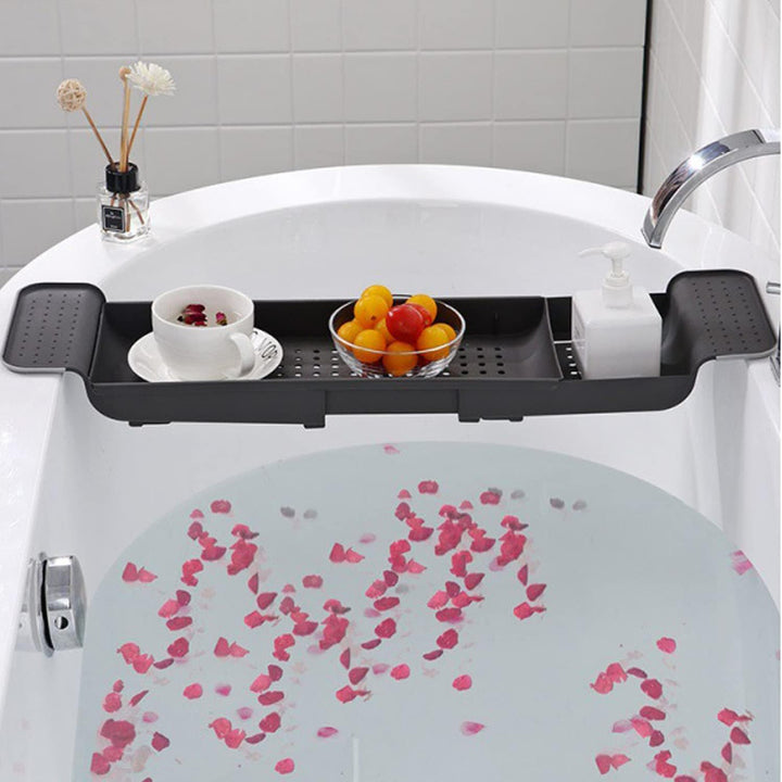 Expandable Drain Bath Shelf Caddy Tray, Multifunctional Plastic Bathtub Tray Bathroom Organizer Simple Stylish Bathtub Storage Rack for Candle Towel, Book, Wine, Phone, Shower (White)