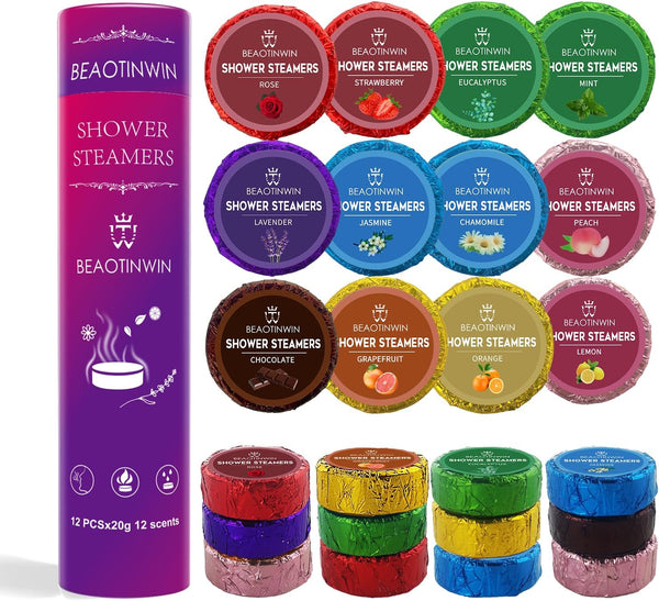 12 Pcs Shower Steamers Aromatherapy Shower Tablets，Vegan Organic Shower Bomb Set, Stress Relief and Luxury Self Care,Pampering Birthday Relaxing Presents Hampers for Women Mum