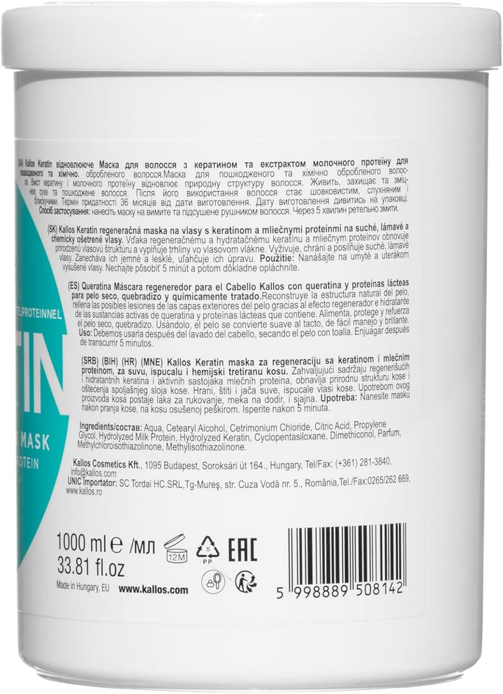 KJMN Keratin Regenerating Hair Mask with Keratin and Milk Protein for Dry, Damaged and Chemically Treated Hair 1000 Ml - 33,81 Fl Oz