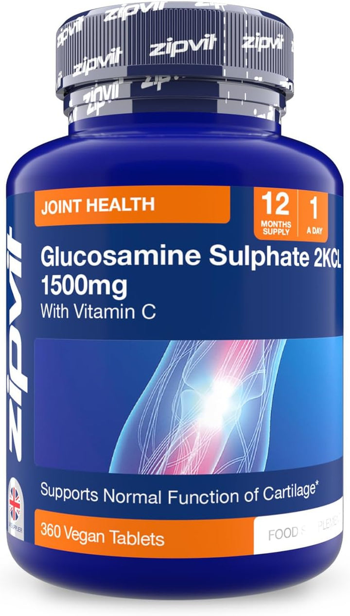 High Strength Glucosamine Sulphate 2Kcl 1500Mg with Vitamin C, 12 Month Supply, Supports Bones and Cartilage Function, 360 Vegan Tablets, Joint Care Supplement for Men & Women
