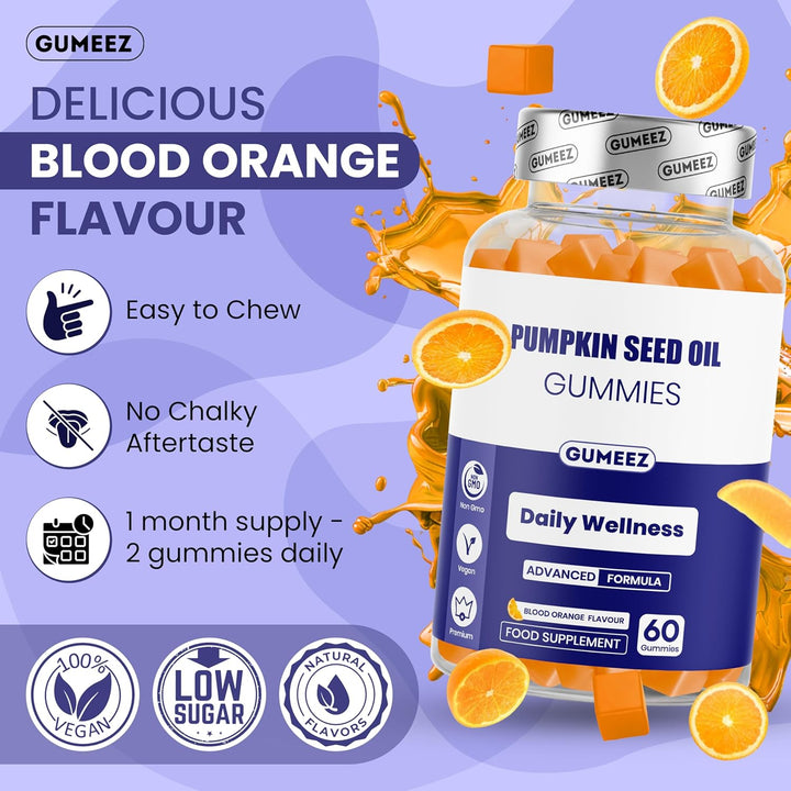 Pumpkin Seed Oil Gummies 2,000Mg - High Strength for Prostate & Bladder Support and Hair & Nails Nourishment - Delicious Blood Orange Flavour - 30 Day Supply - Vegan Food Supplement