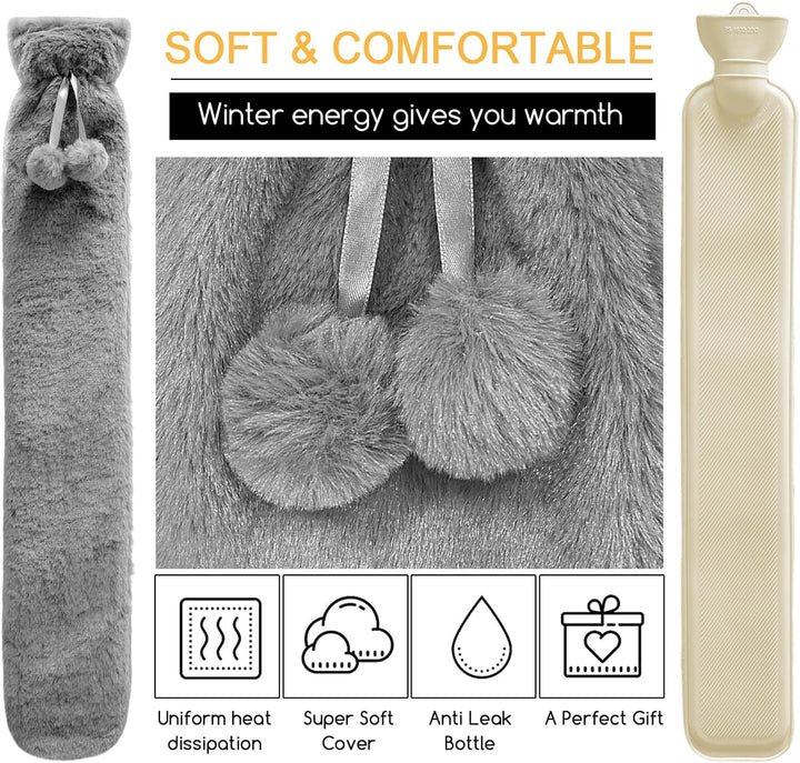 Hot Water Bottle  Extra Long Lilac Hot Water Bottle with Super Soft Fleece Cosy Cover Large Hand Feet Warmer, Neck and Shoulder Pain Relief