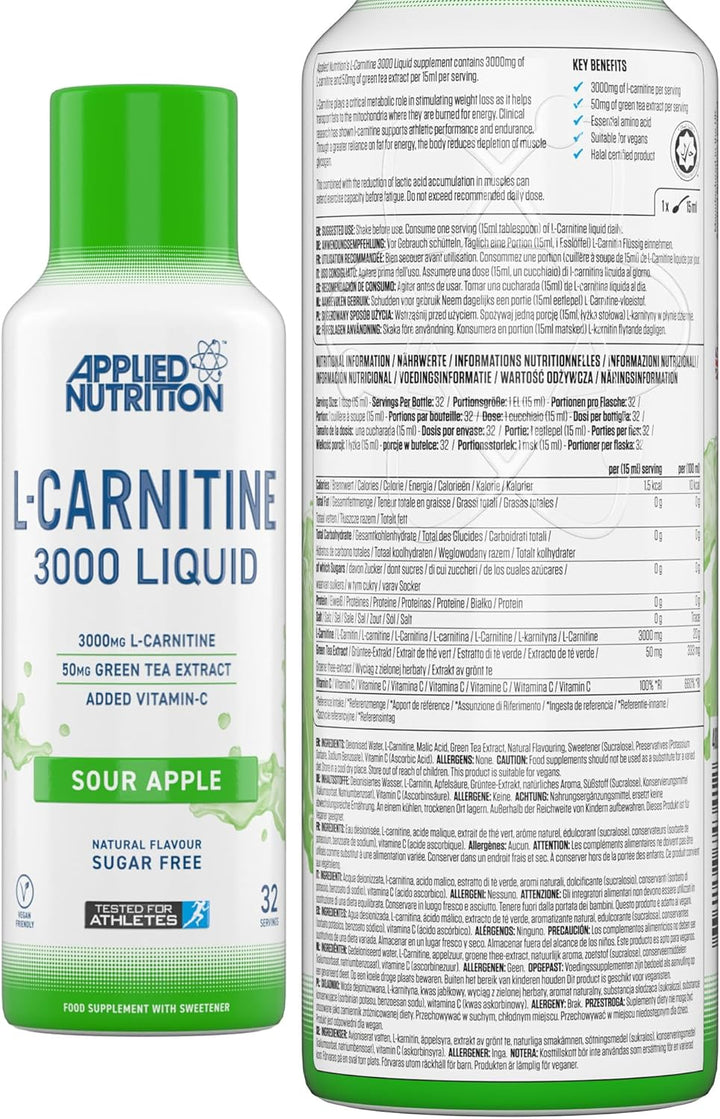 L Carnitine 3000 Liquid - L-Carnitine with Green Tea & Vitamin C, Boosts Energy & Weight Management, Vegan (480Ml - 32 Servings) (Sour Apple)