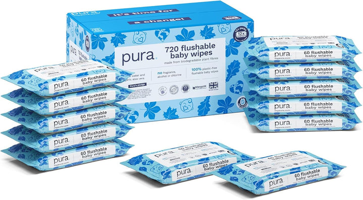 Eco Flushable Baby Wipes - 1 Pack (60 Wipes) 100% Plastic Free, 99% Water, Suitable for Sensitive, Eczema Prone Skin, Newborn Baby & Toddlers, Biodegradable, Vegan, Potty Training