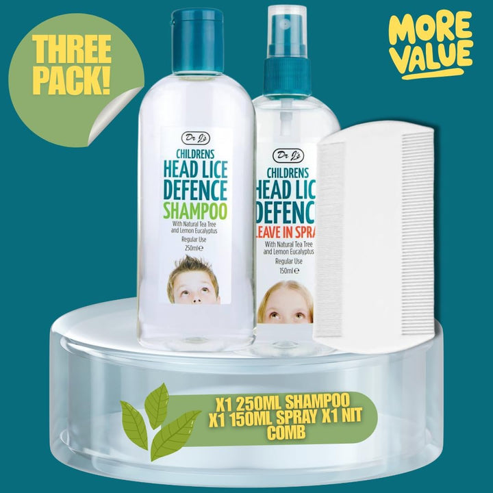Dr J’S 3-Piece Head Lice Prevention Kit – Tea Tree & Lemon Eucalyptus Shampoo, Lice Repellent Spray & Nit Comb | Natural Nit & Lice Defence for Kids | Packaging and Colours May Vary