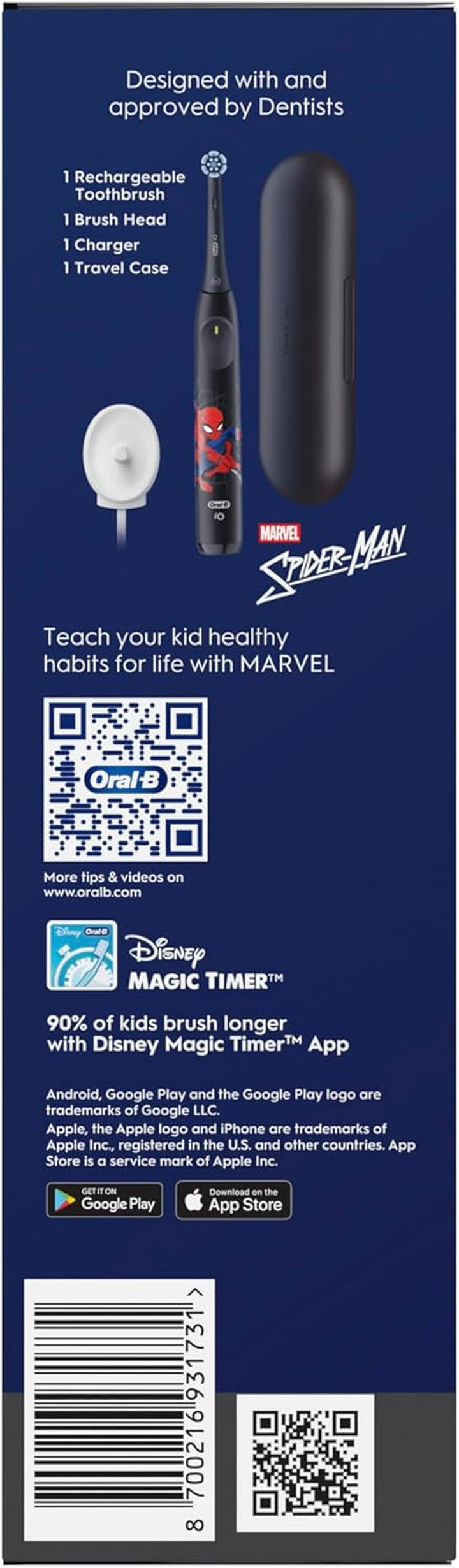 Io Kids Marvel Spiderman Electric Toothbrush, 1 Toothbrush Head, 1 Travel Case, 3 Modes with Kid-Friendly Sensitive Mode, 2-Min Music Timer, for Ages 6+