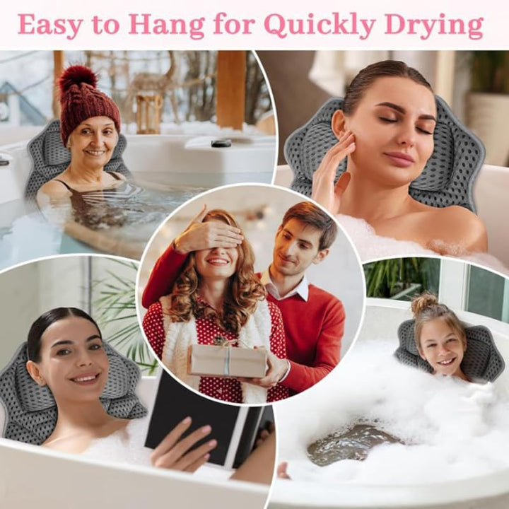 Bath Pillow 4D Luxury Bath Spa Pillow Neck and Back Support, Bathtub Headrest Cushion Pillow Non-Slip with Suction Cups (A)