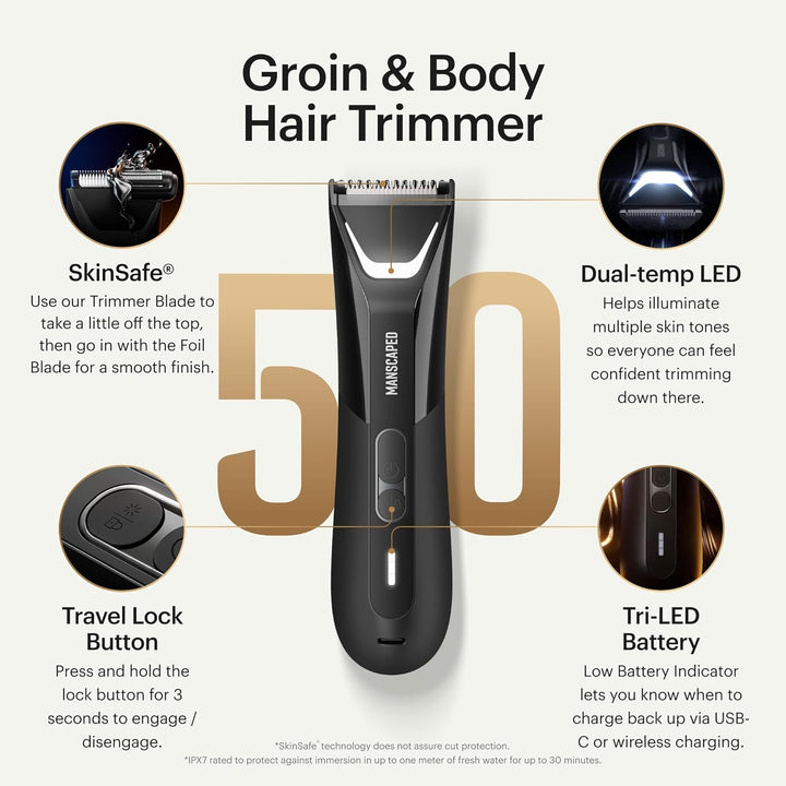 ® the Lawn Mower® 5.0 Ultra Groin & Body Hair Trimmer – Dual-Head Skinsafe® Trimmer & Foil Blades, Waterproof Wet/Dry Groomer, USB-C Rechargeable with Travel Case, Men’S Ball Shaver, Black