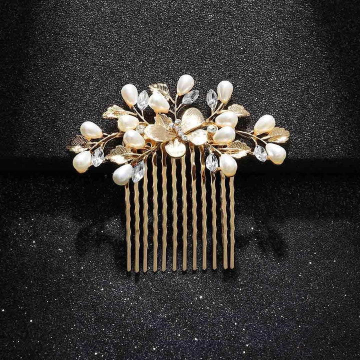 Bride Wedding Hair Combs Gold Headpieces Pearl Bridal Hair Accessories Leaf Hair Piece for Women and Girls… (Gold)