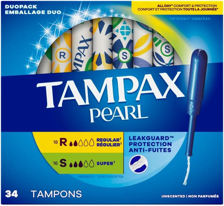 Pearl Tampons Multipack, Regular/Super Absorbency, with Leakguard Braid, Unscented, 34 Count