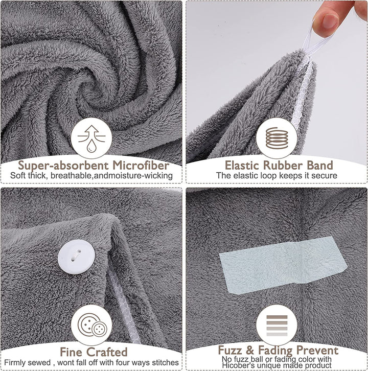 3 Pack Microfiber Hair Drying Towel Wrap Super Absorbent Twist Turban Fast Dry Hair Caps with Buttons Bath Loop Fasten Salon Dry Hair Hat (Gray Pink Blue)