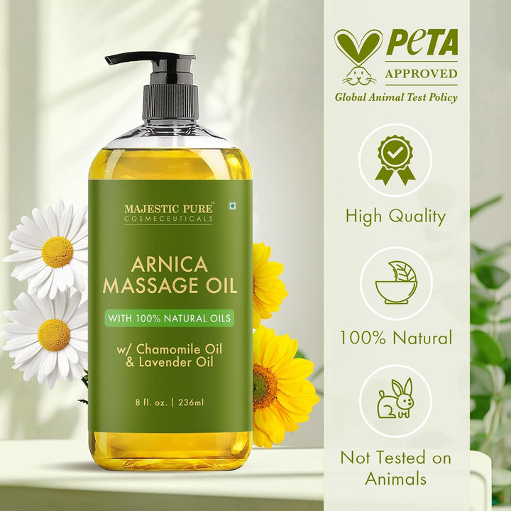 Arnica Sore Muscle Massage Oil for Massage Therapy - Natural Oil with Lavender and Chamomile Essential Oils - Multipurpose Instant Absorption Full Body Massage Oil - 8 Fl. Oz.
