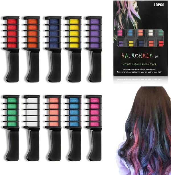 10 Color Festive Fun Hair Chalk Combs, Hair Chalk Combs for Girls, Temporary Hairs Color Dye, Easy Washable, Skin-Safe Materials, Hairs Color Comb for Christmas Birthday Party Cosplay DIY (1 Set)