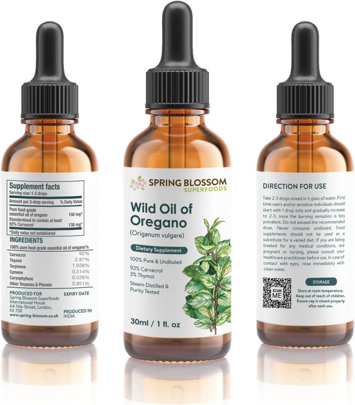 30Ml Oregano Oil 100% Pure & Undiluted Min 92% Carvacrol Super-Strength Himalayan Essential Oil of Oregano (Origanum Vulgare) Highly Potent Immunity Booster for Cold, Cough, Sore Throat & Gut Health