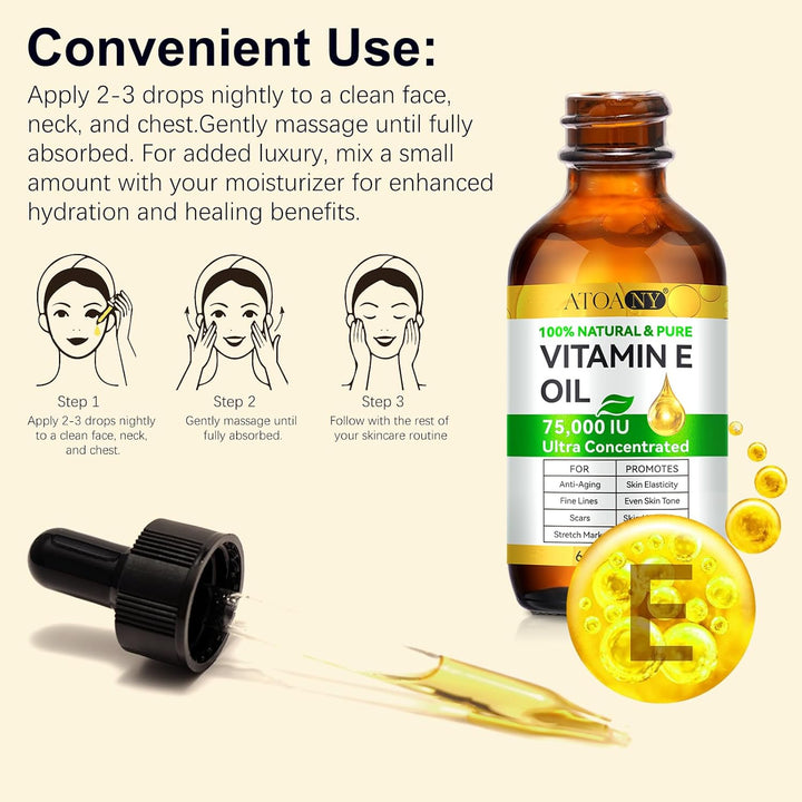 Vitamin E Oil 75,000 IU 60 Ml- 100% Organic Pure Vitamin E Oil for Skin, Face, Hair, Body - Natural Antioxidant for Dryness, Wrinkles, Scars & Stretch Marks, Moisturizing and Firming Skin
