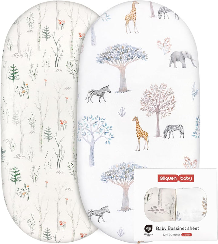 2 Pack Moses Basket Fitted Sheets, Newborn Pram Sheets Fitted, 100% Microfiber Oeko-Tex100 Cozy and Breathable Crib Baby Bassinet Sheets for Boy and Girl, Easy Care Soft Fitted Sheet