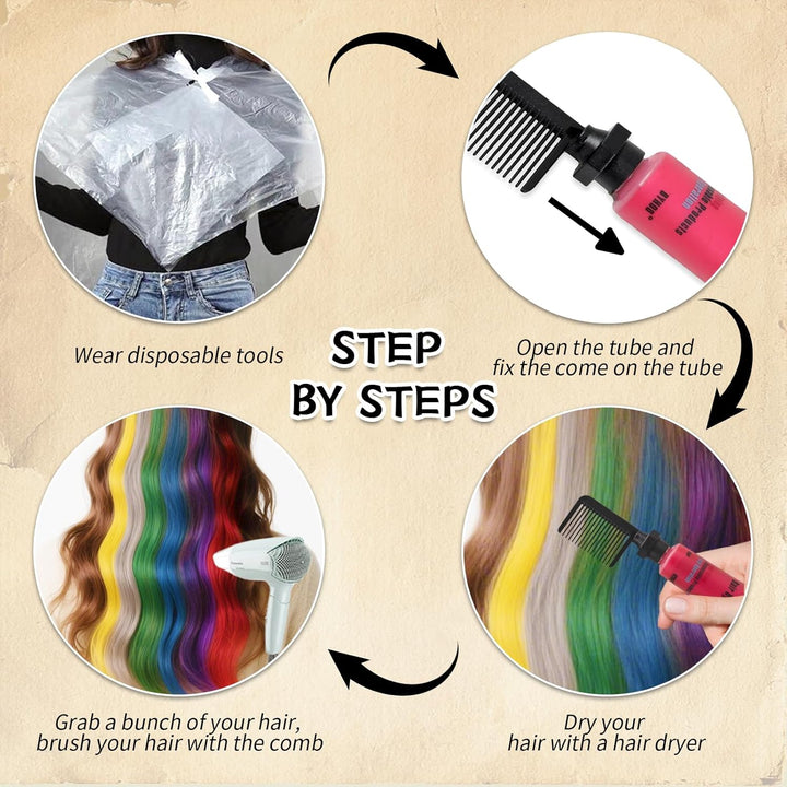 Hair Dye for Dark Hair, Temporary Hair Colour Comb for Girl & Women. Great Gift on Birthday Halloween Christmas Cosplay Party, Easy Washable and Safety Hair Chalk Comb(6 Bright Colour)