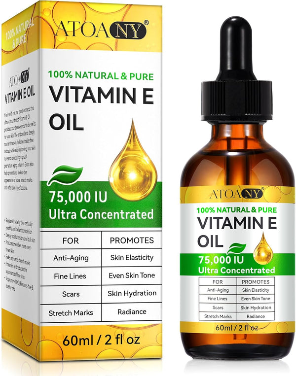 Vitamin E Oil 75,000 IU 60 Ml- 100% Organic Pure Vitamin E Oil for Skin, Face, Hair, Body - Natural Antioxidant for Dryness, Wrinkles, Scars & Stretch Marks, Moisturizing and Firming Skin