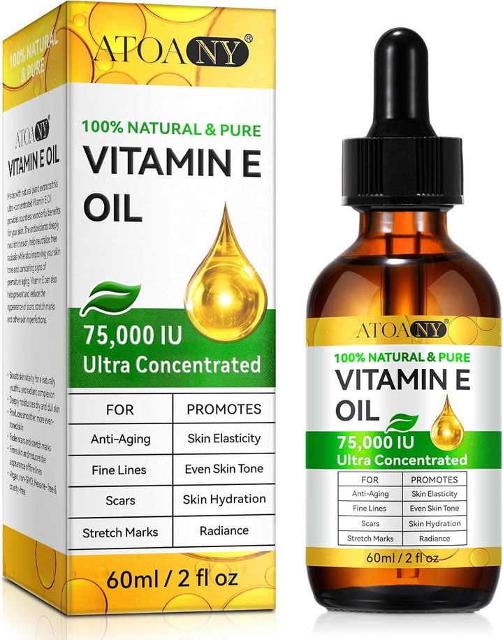 Vitamin E Oil 75,000 IU 60 Ml- 100% Organic Pure Vitamin E Oil for Skin, Face, Hair, Body - Natural Antioxidant for Dryness, Wrinkles, Scars & Stretch Marks, Moisturizing and Firming Skin