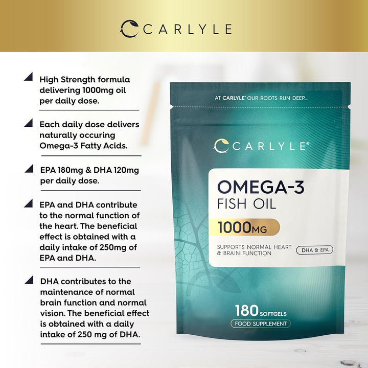Omega 3 Fish Oil Capsules High Strength | Fatty Acids Supplement | 1000Mg with 180Mg of EPA and 120Mg of DHA | 180 Softgels | by