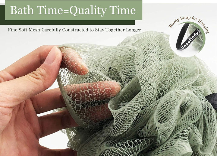 Large 70G Loofah Sponge, Bath Body Scrubber for Women, Men, Exfoliating Shower Pouf with Activated Charcoal - 2 Graphite Gray + 1 Sage Green, 3 Pack