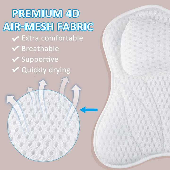 Bath Cushion,  Bath Cushion 4D Mesh Headrest with 6 Non-Slip Suction Cups Can Support Head, Neck, Back, for Bathtub, Home Spa