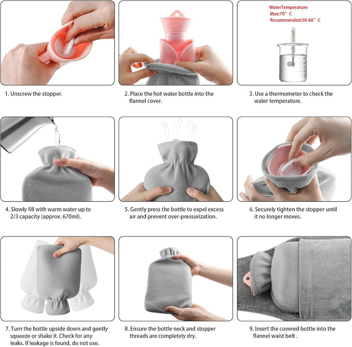Hot Water Bottle Belt, Wearable Long Hot Water Bottle with Cover for Women, Portable Natural Rubber Hot Water Bag with Soft Flannel Cover for Neck, Period Pain, Shoulder, Waist Warm