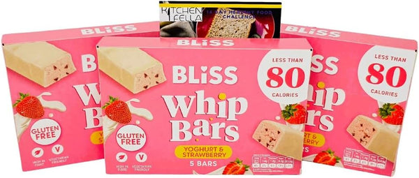 Gluten Free Bliss Whip Bars Strawberry & Yoghurt | under 80 Calories | High Fibre | Vegetarian Cereal Bars | 3 X 5 Packs with  14-Day Healthy Eating Challenge