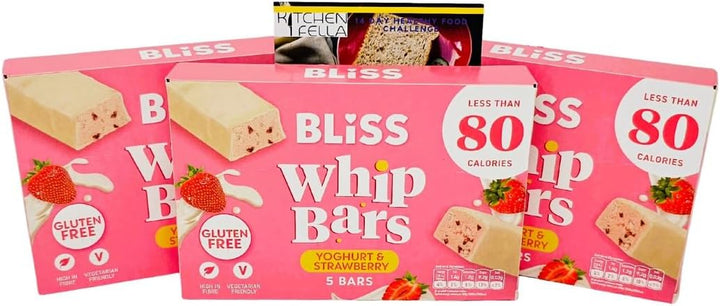 Gluten Free Bliss Whip Bars Strawberry & Yoghurt | under 80 Calories | High Fibre | Vegetarian Cereal Bars | 3 X 5 Packs with  14-Day Healthy Eating Challenge