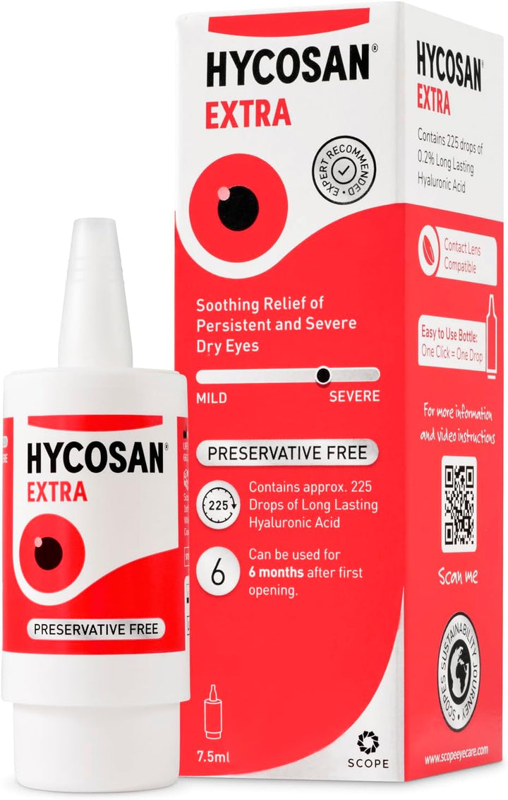 san Extra Eye Drops with Hyaluronic Acid for Soothing Relief of Severe and Persistent Dry Eyes - Contact Lens Compatible - Preservative Free - 225 Measured Doses