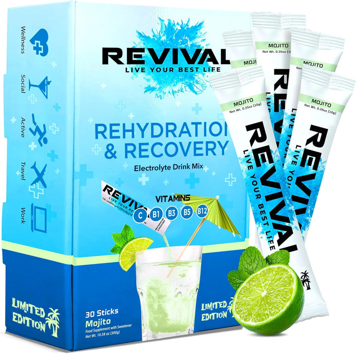 Revival Rapid Rehydration Electrolytes Powder - High Strength Vitamin C, B1, B3, B5, B12 Supplement Sachet Drink, Effervescent Electrolyte Hydration Tablets - 12 Pack Assorted Flavours