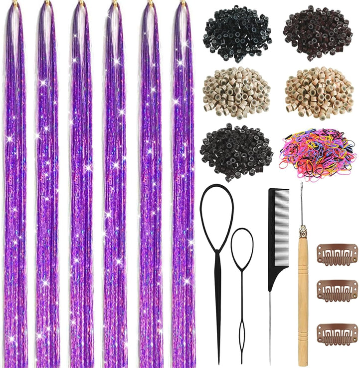 Hair Tinsel,18 Colors Hair Tinsel Kit for Girls 7600 Strands Fairy Tinsel Hair Extensions Holographic Hair Tinsel Heat Resistant Colored Hair Glitter Christmas Party Festival