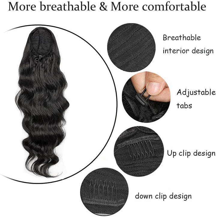 Long Wavy Ponytail Hair Extension for Black Women Drawstring Ponytail Hair Extensions Clip in Black Curly Synthetic Hairpiece