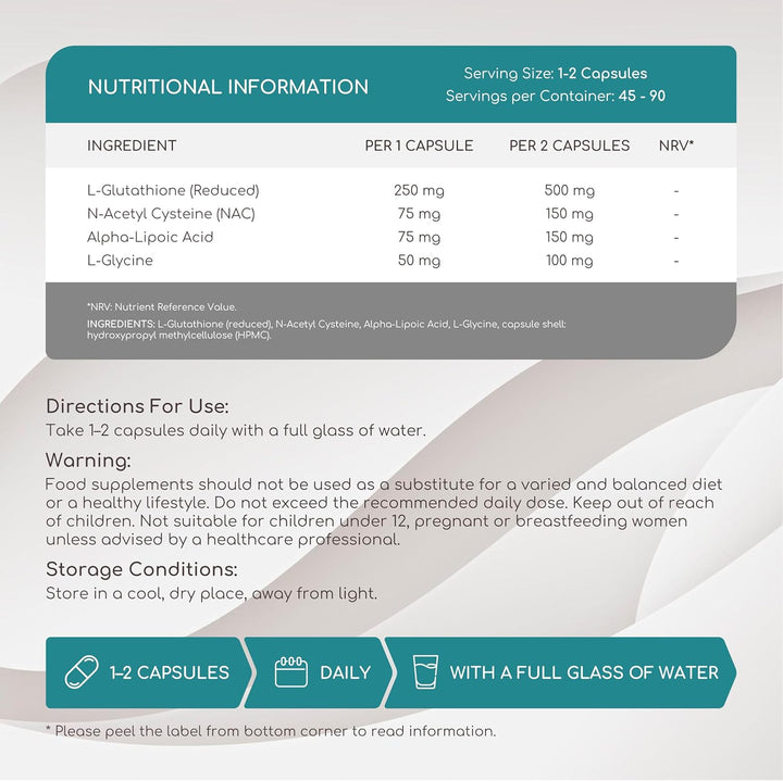 Glutathione Reduced - 98% Highly Purified - L Glutathione Supplement with NAC, Alpha Lipoic Acid & L-Glycine - Antioxidant Support - from Fermentation, Non-Gmo - 900 Mg per Serving, 60 Vegan Capsules