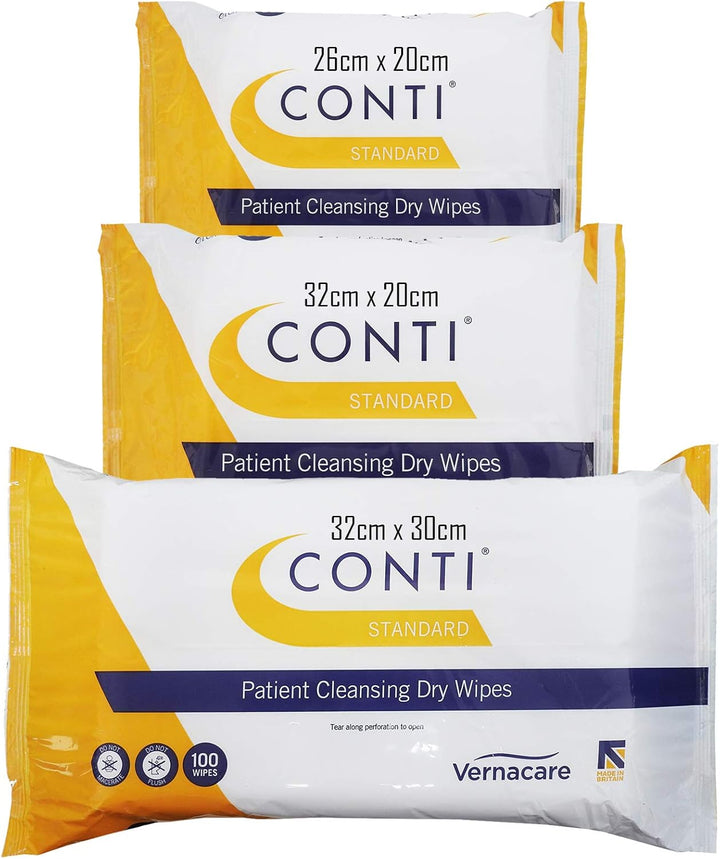 Conti Standard - Patient Cleansing Dry Wipes, Every Day Universal Use Cleaning Cloths, Wipe Size 26Cm X 20Cm, 100 Wipes per Pack - 12 Pack