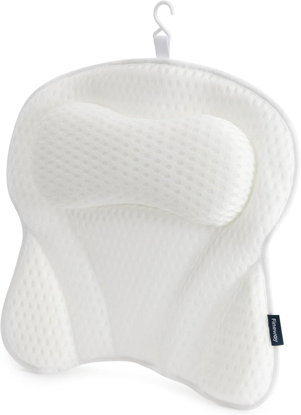 Bath Pillow with 6 Suction Cup and Air Mesh Technology, Ergonomic Design Helps Support Head and Neck, Non-Slip (White)