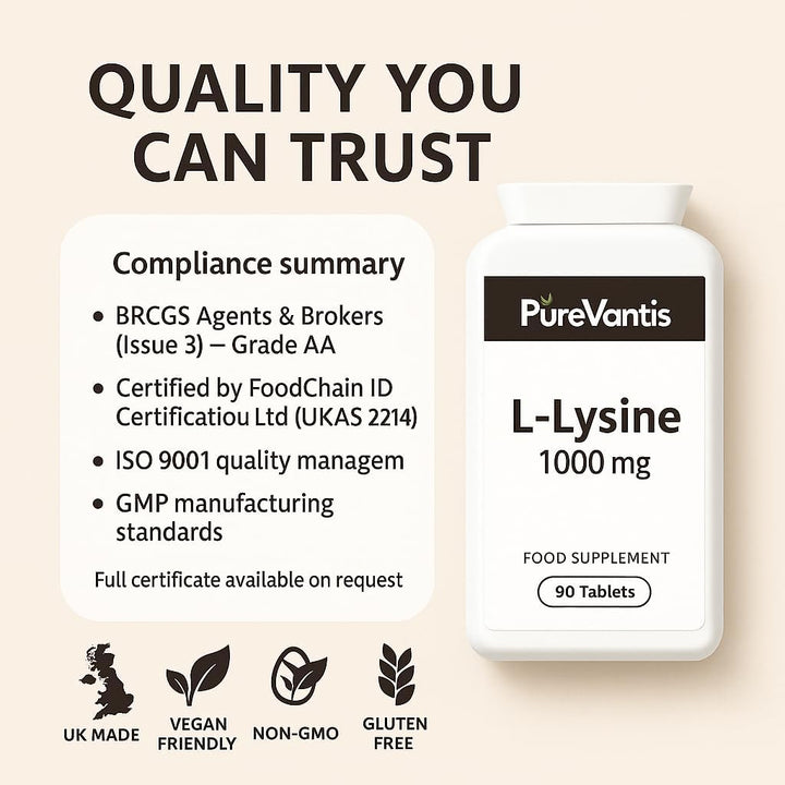 L-Lysine 1000Mg – 90 Tablets | Essential Amino Acid for Immune & Collagen Support, UK Made