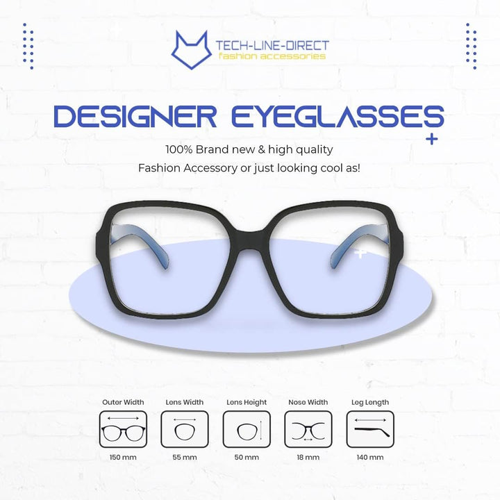 TECH-LINE-DIRECT 2023 Oversize Eyeglasses Unisex Square Glasses - Black Frames Clear Lens