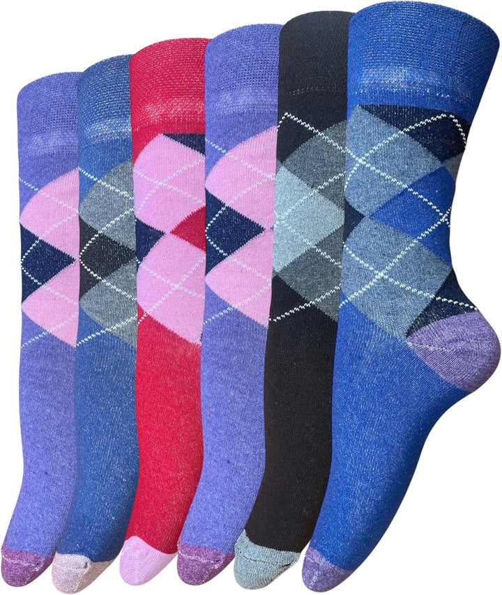 6 Pairs Ladies Loose-Top Non-Elastic Socks, (Pack of 6) COTTON, Bright Colours Diabetic Socks UK Size 4-7, EUR Size 37-42