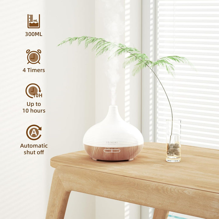 300Ml Essential Oil Diffuser, Wood Grain Ultrasonic Aromatherapy Diffuser, Quiet Diffuser with 4 Timers, Auto Shut-Off & Colour-Changing LED for Home, Office, Yoga | Relaxation & Better Sleep