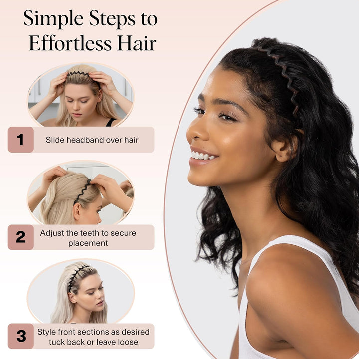 Zig Zag Headbands - Recycled Plastic Hair Band for Men & Women | Classic 90S Hairband | Mens Headband | Wavy Headband with Teeth | Hair Headbands for Women, 2Pc (Black&Tort)