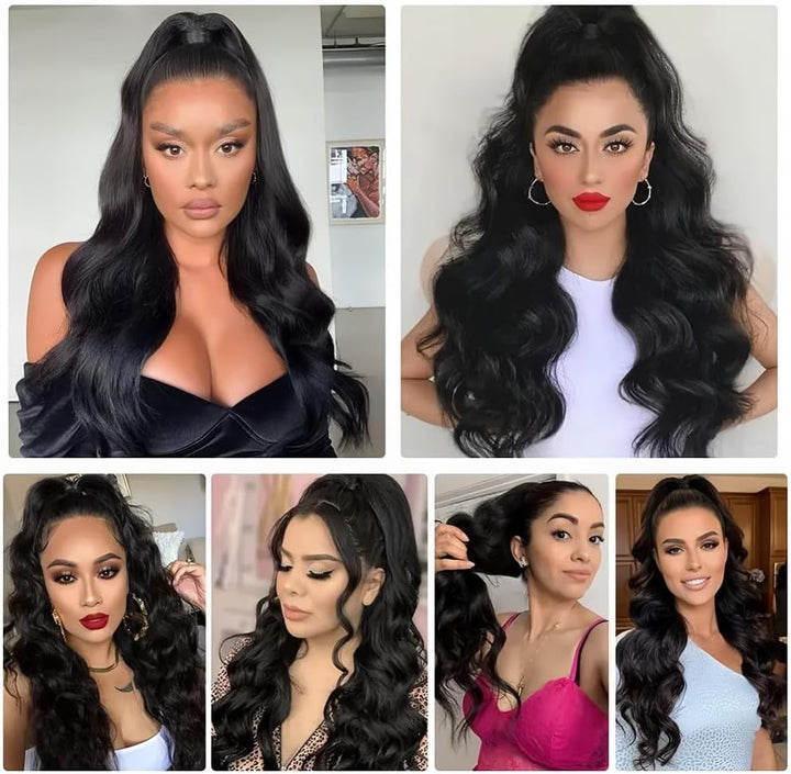 Black Hair Claw Clip with Long Curly Wavy Ponytail Extensions - Drawstring Ponytail for Women - Natural Black (18'')