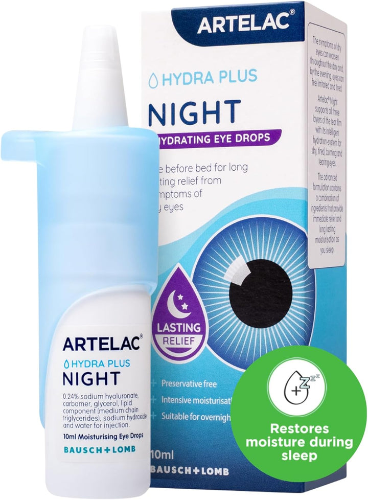 Night Eye Drops, Symptom Relief for Tired, Dry, Stressed, Gritty, Burning and Tearing Eyes, Preservative Free and Restores Moisture during Sleep, 10Ml