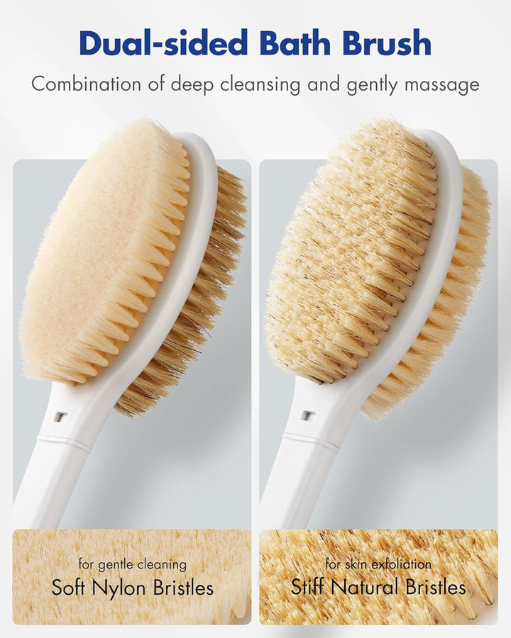 Back Scrubber Body Shower Brush: anti Slip Long Handle Bath Brush with Stiff and Soft Bristles - Showering Exfoliator Wet or Dry Brushing for Women, Men, Elderly (Blue)
