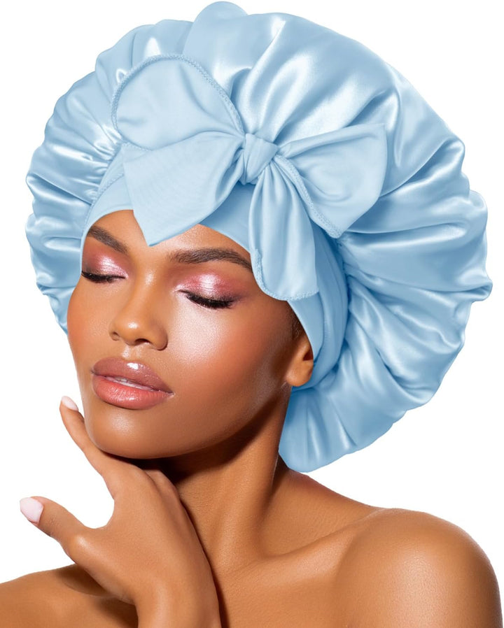 Silk Bonnet for Sleeping for Curly Hair, Satin Bonnet Hair Wrap for Women & Men, Adjustable Silk Scarf Night Cap with Tie Band, Champagne