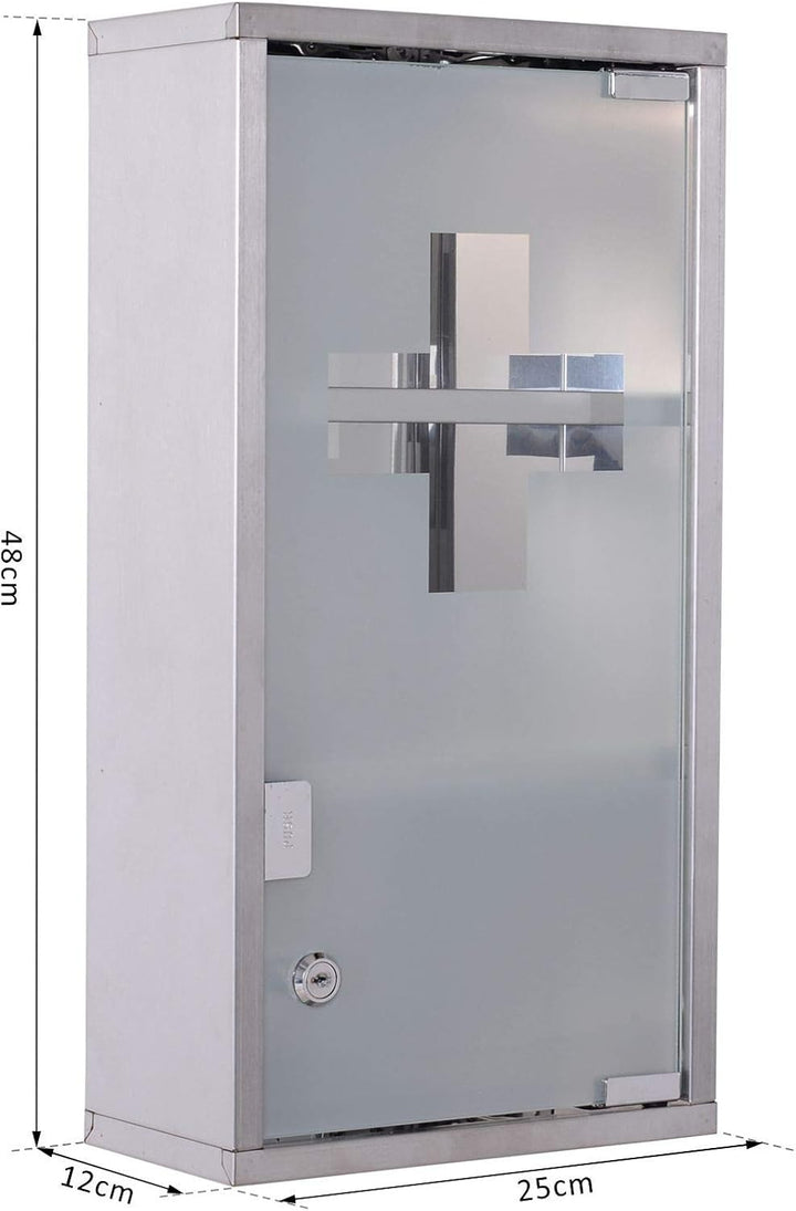 Stainless Steel Wall Mounted Medicine Cabinet with 2 Shelves + Security Glass Door Lockable 48 Cm(H)