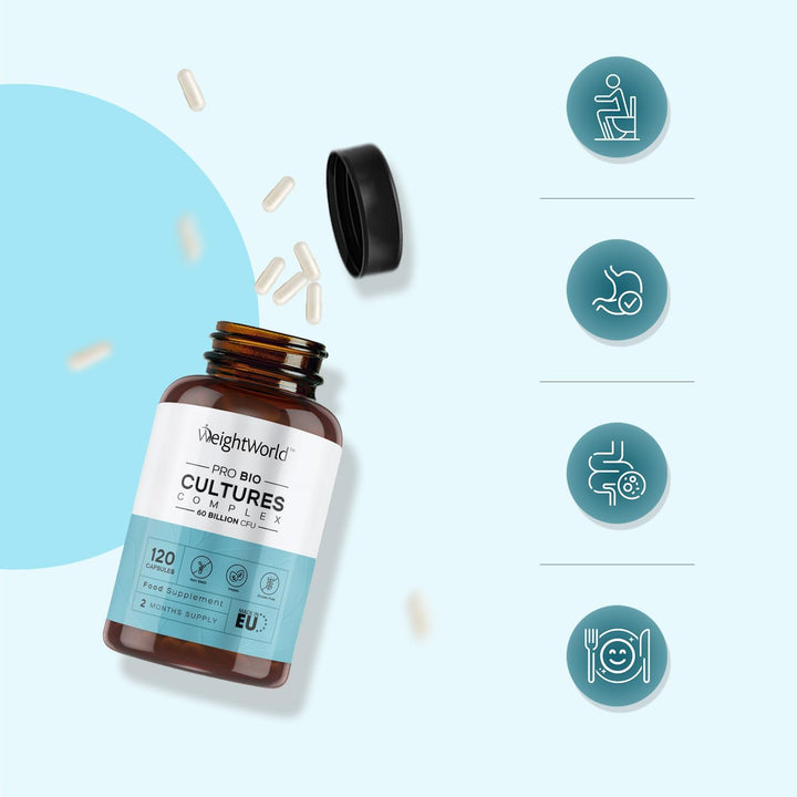 Bio Cultures Complex Probiotics & Prebiotics - 60 Billion CFU - 2 Months Supply - 120 Capsules - 20 Live Bio Cultures - Lactobacillus & Bifidobacterium Strains - Vegan Probiotic Complex Capsules